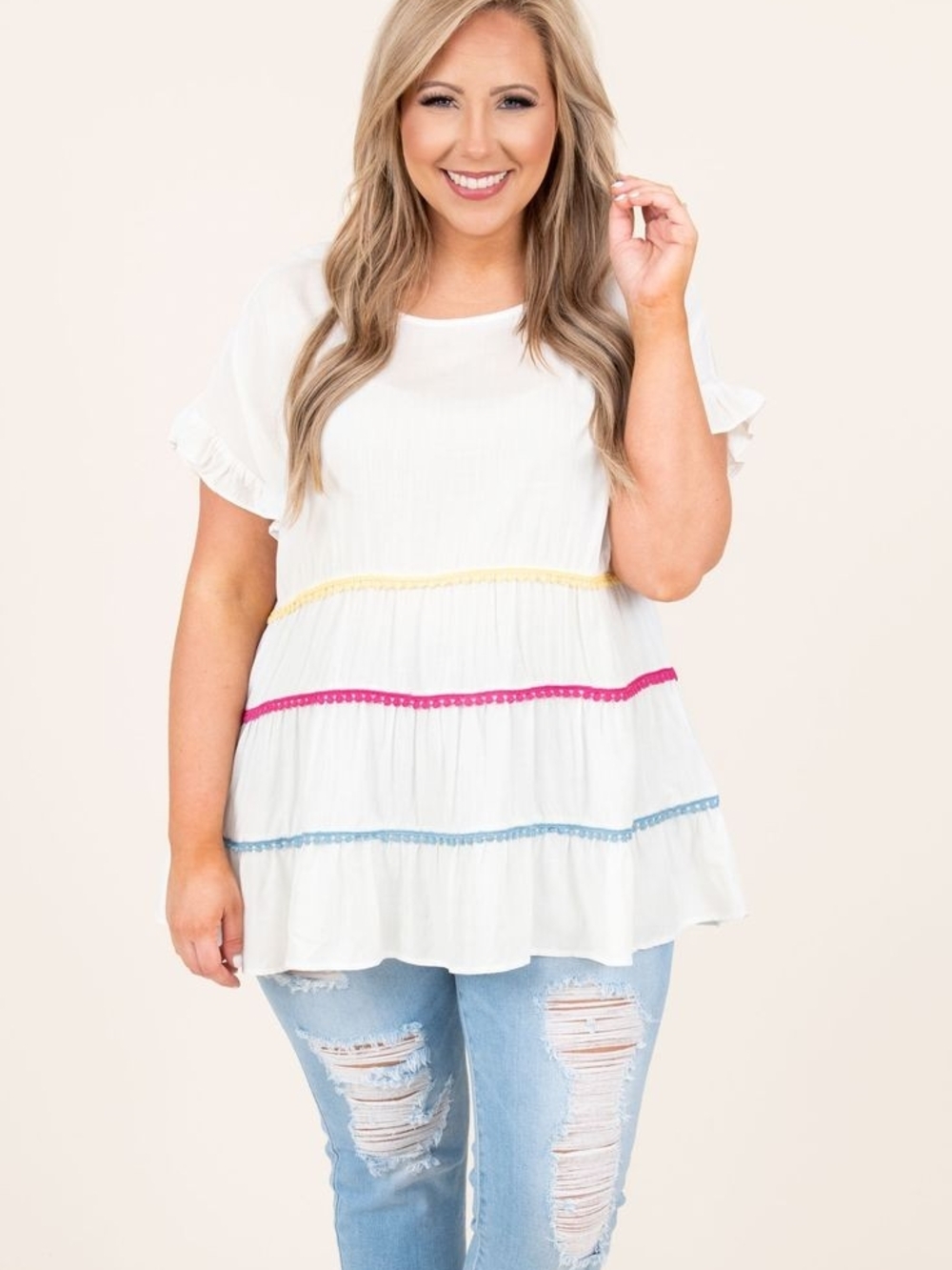ANDREE BY UNIT White Tiered Ruffle Sleeve Tunic with Yellow Pink and Blue Trim
